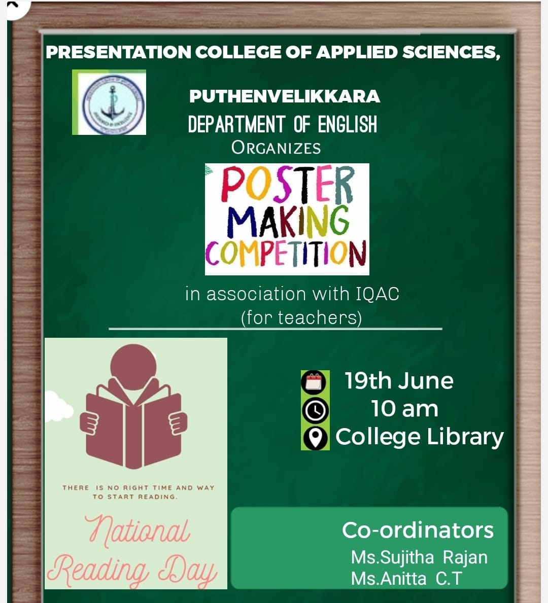 Dept of English organized poster making competition for teachers on 19th June 2024